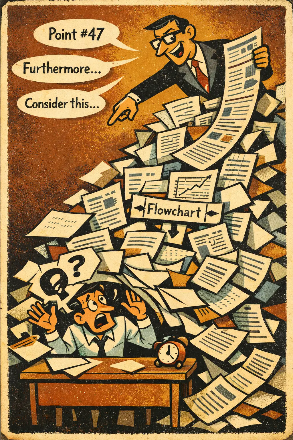 Proof by verbosity companion poster in a retro mid-century editorial cartoon style, illustrating occurs when a claim is protected by an avalanche of words, side points, jargon, or branching assertions that overwhelm reasonable scrutiny and create the illusion of depth.