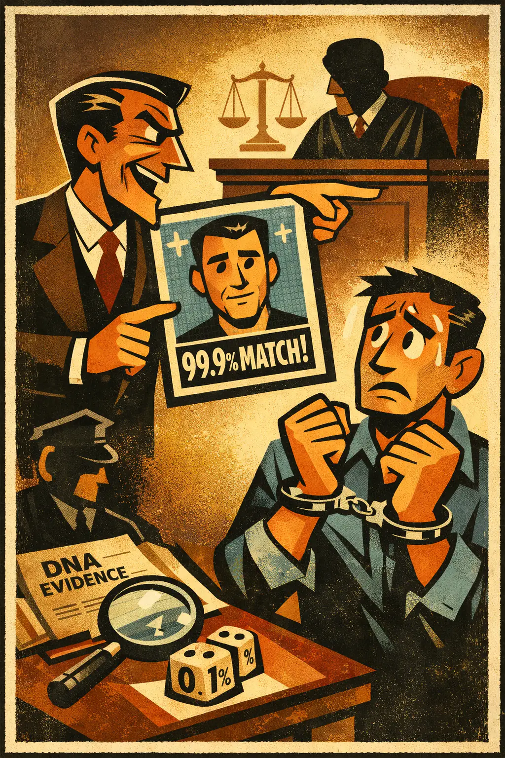 Prosecutor's fallacy companion poster in a retro mid-century editorial cartoon style, illustrating occurs when a low probability of a false match is confused with a low probability that a matched person is innocent.