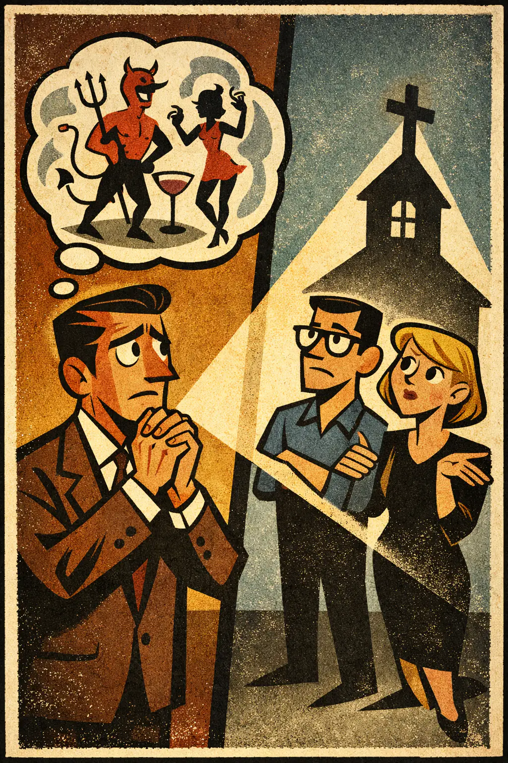 Psychologist's fallacy companion poster in a retro mid-century editorial cartoon style, illustrating occurs when someone projects their own motives, fears, or mental structure onto others and treats that projection as insight into those other people.