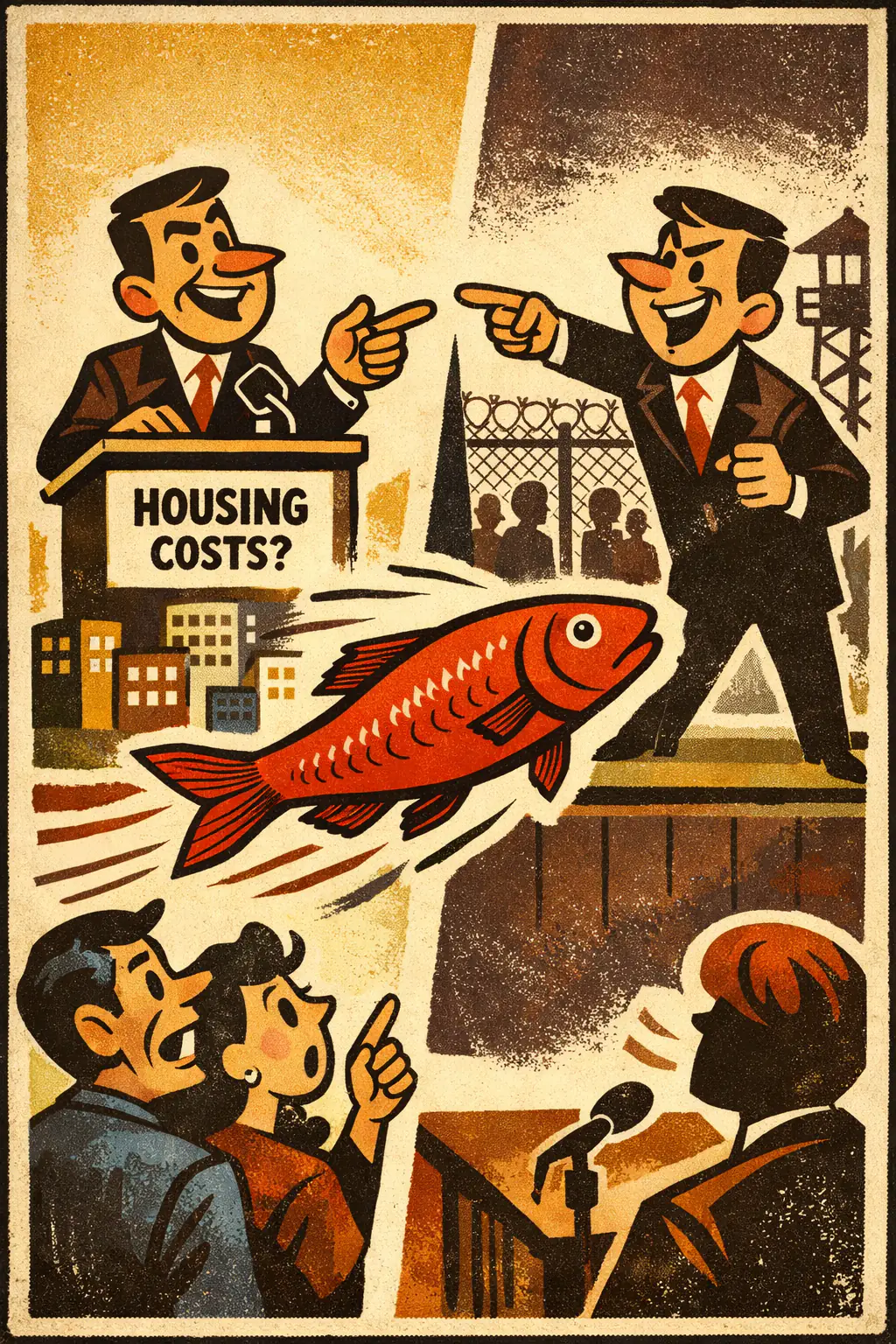 Red herring companion poster in a retro mid-century editorial cartoon style, illustrating occurs when someone diverts attention from the unresolved issue by switching to a different issue that is easier, safer, or more emotionally useful.