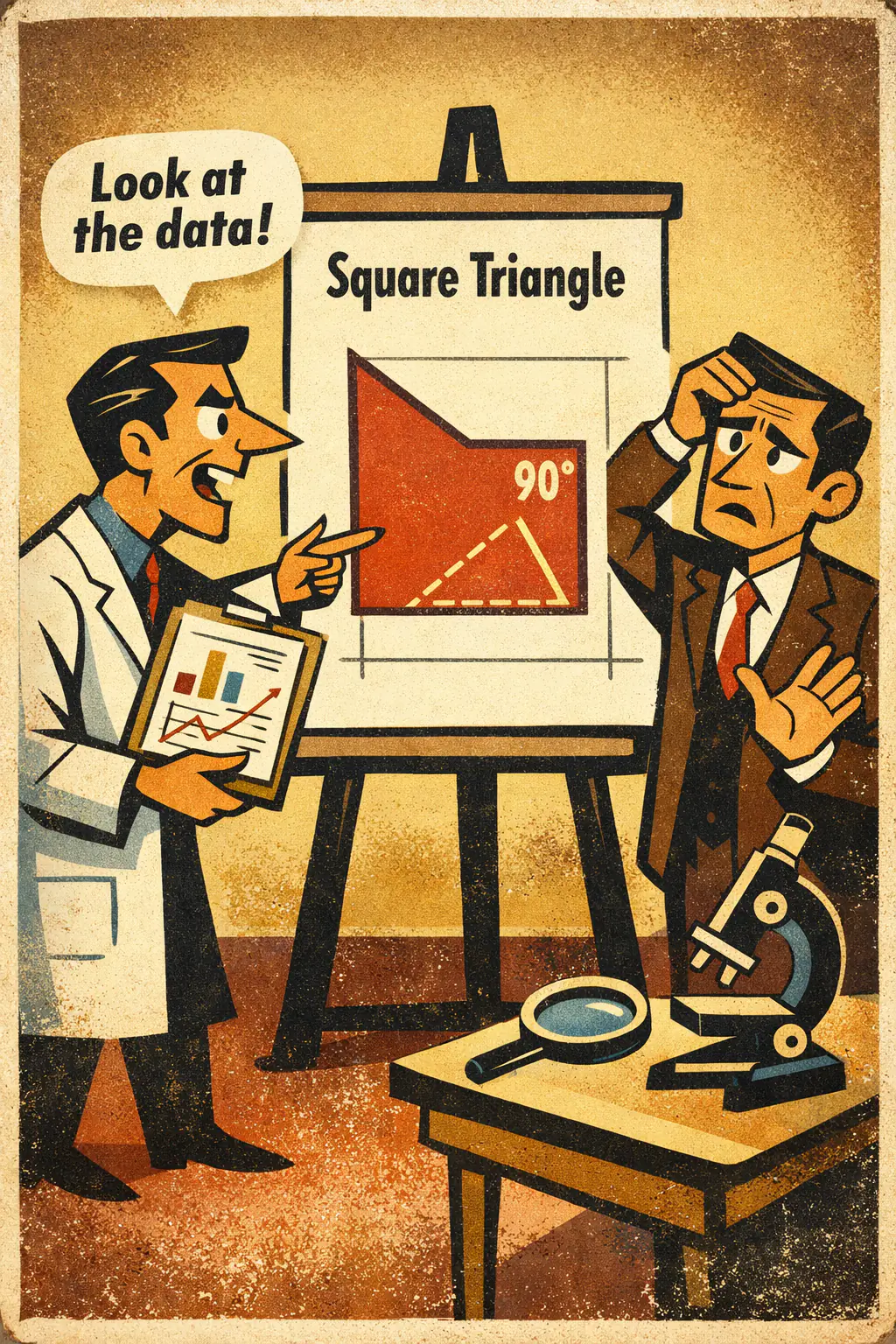 Redeeming illogic with evidence companion poster in a retro mid-century editorial cartoon style, illustrating occurs when someone demands empirical evidence before rejecting a concept that is already incoherent, self-contradictory, or logically impossible on its own terms.