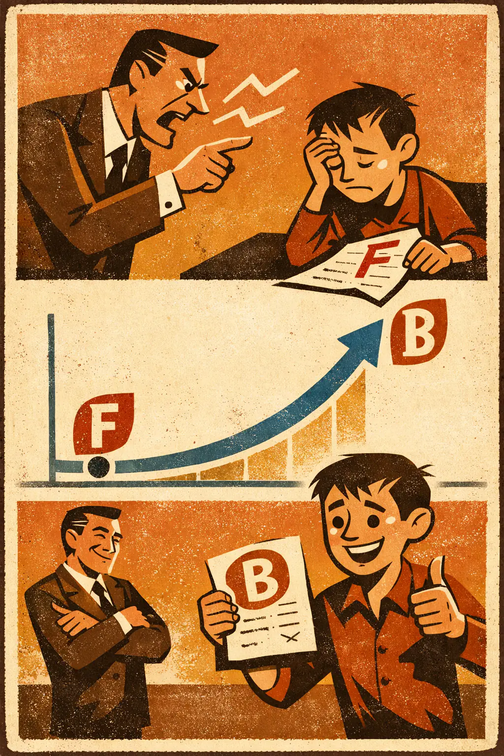 Regression fallacy companion poster in a retro mid-century editorial cartoon style, illustrating occurs when movement back toward a normal range after an extreme result is credited to some intervention that may have had little or nothing to do with it.