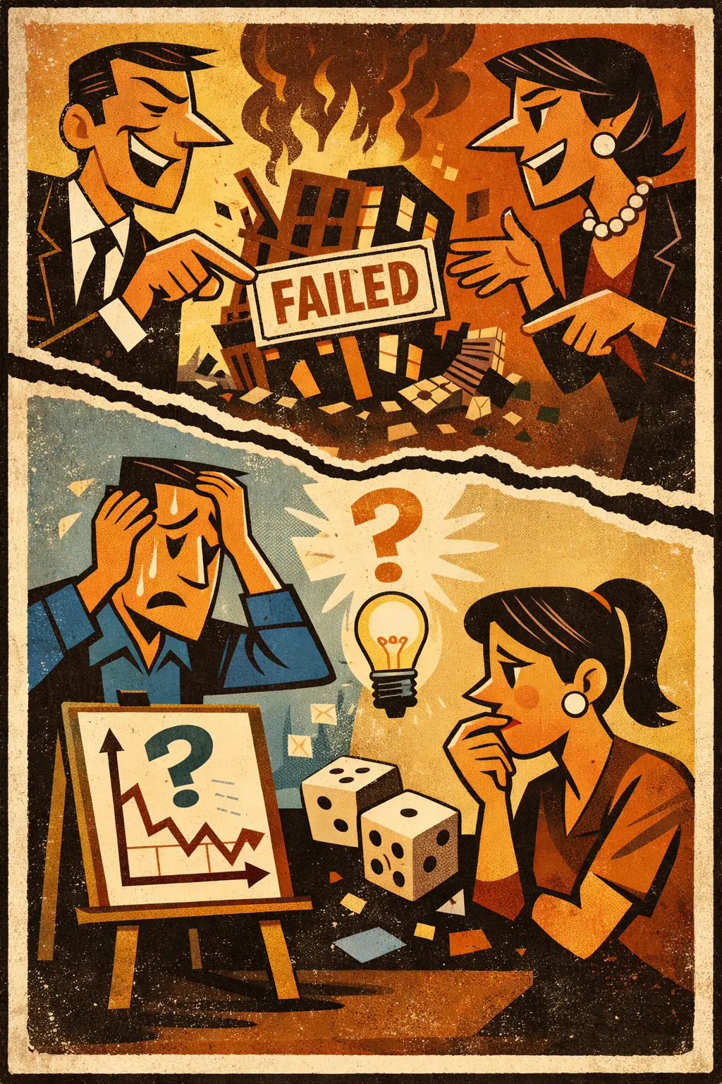 Retrospective determinism companion poster in a retro mid-century editorial cartoon style, illustrating occurs when, after an outcome happens, people claim it was inevitable or obvious all along even though the uncertainty beforehand was real.