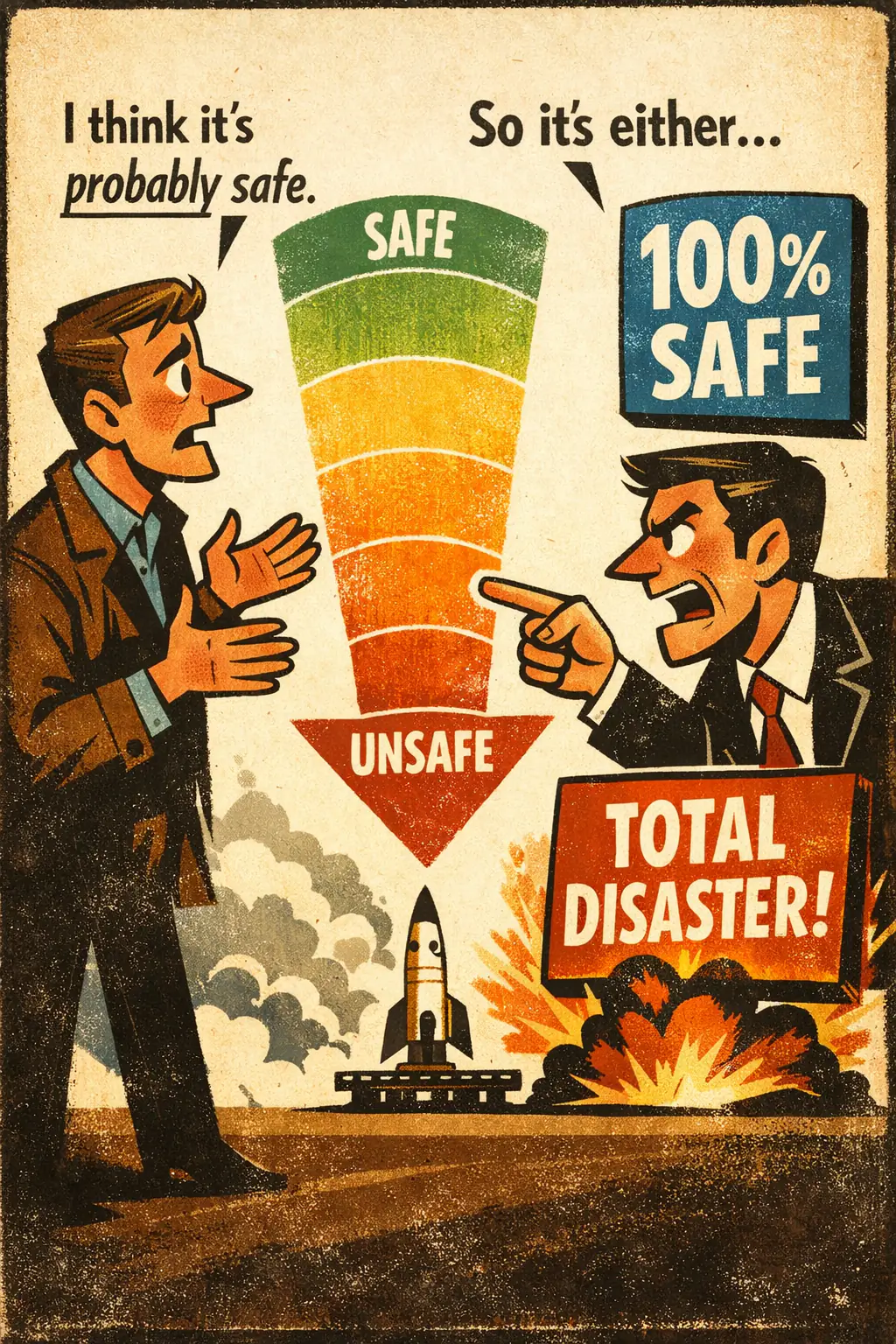 Semantic pixelization companion poster in a retro mid-century editorial cartoon style, illustrating occurs when a fuzzy, graded, or probabilistic position is forced into unnaturally sharp categories so it becomes easier to attack.