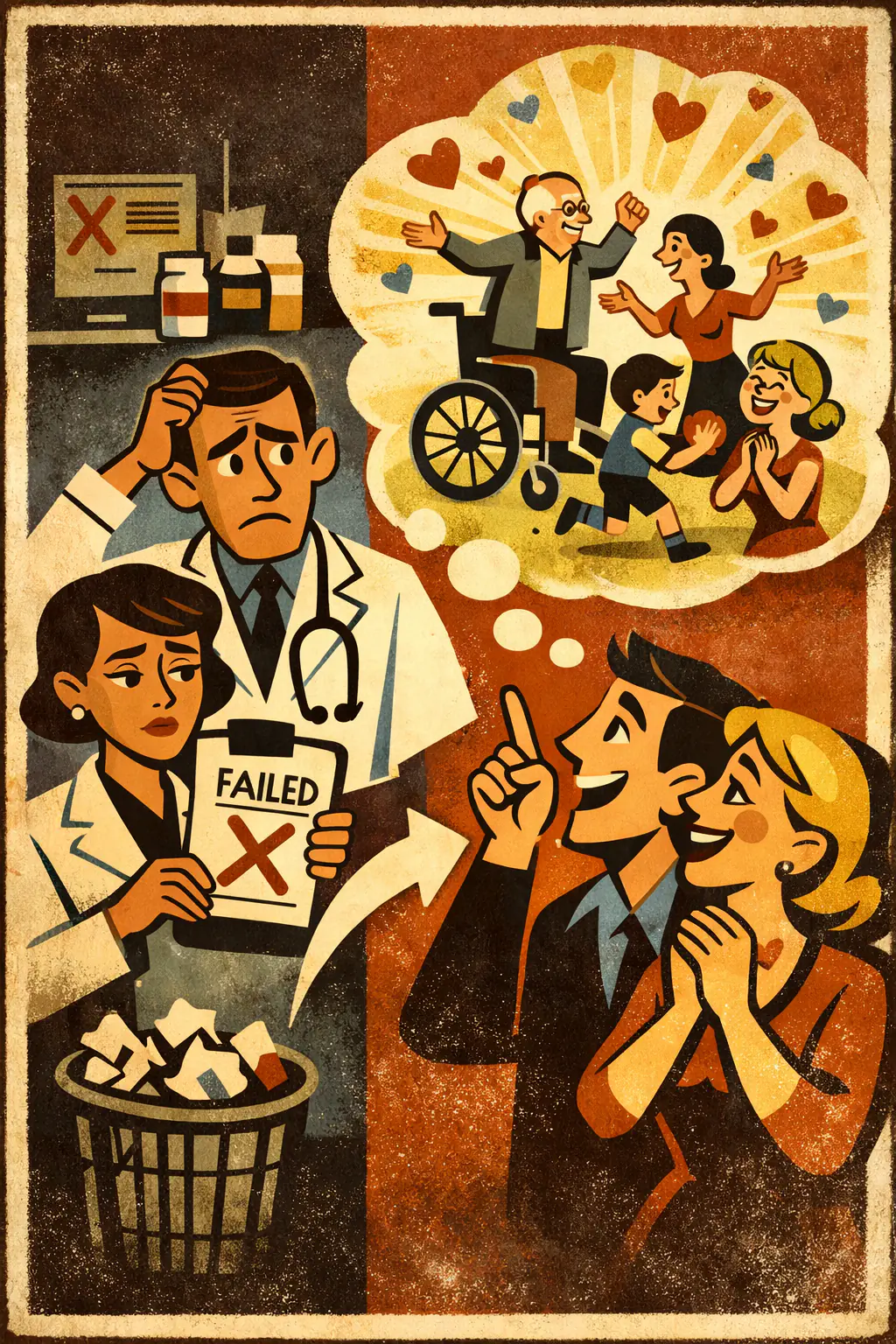 Sentimental fallacy companion poster in a retro mid-century editorial cartoon style, illustrating occurs when the desirability, comfort, or emotional appeal of an outcome is treated as if that were evidence that the outcome is true, feasible, or justified.