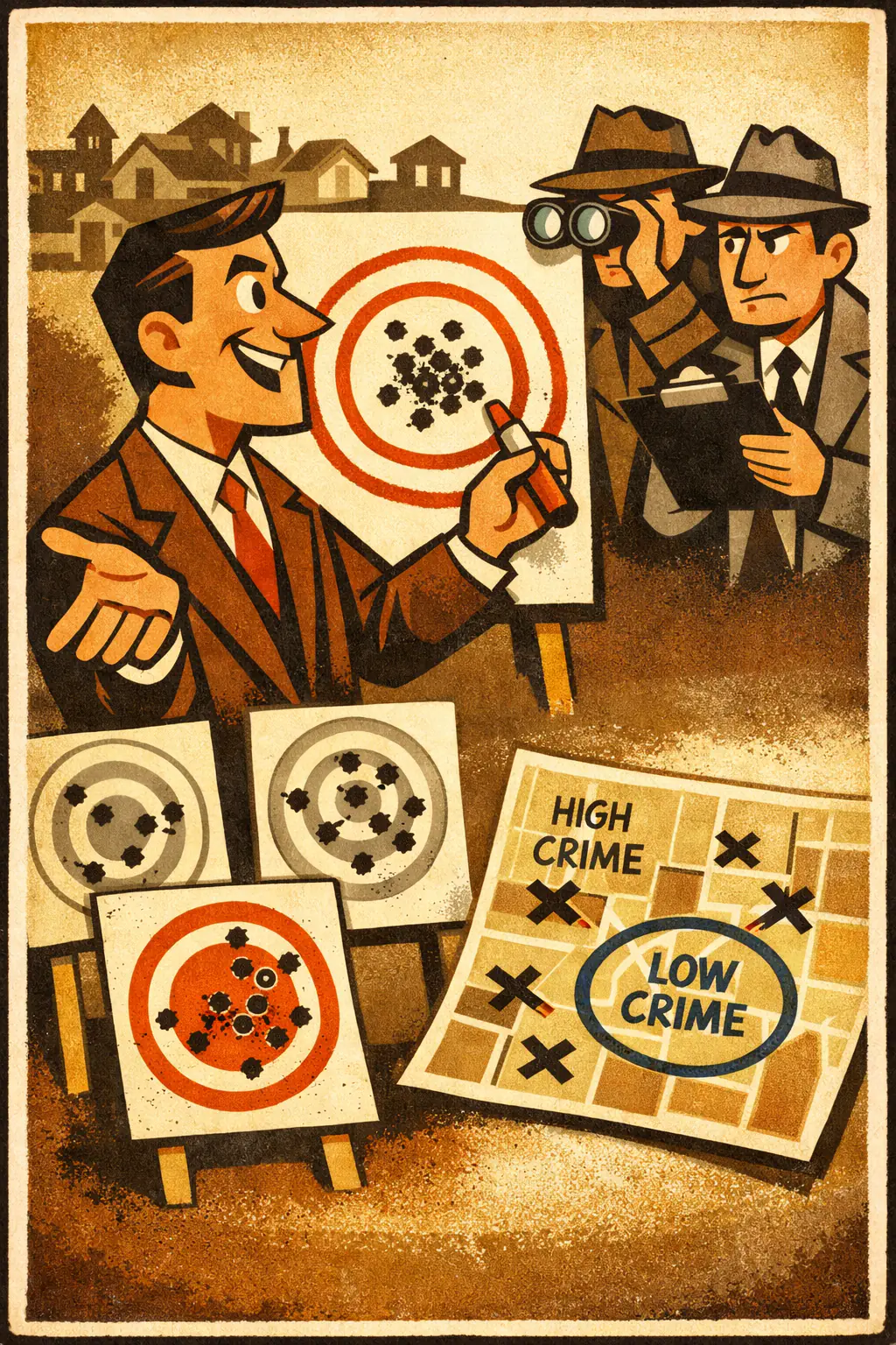 Sharpshooter fallacy companion poster in a retro mid-century editorial cartoon style, illustrating occurs when someone highlights the data cluster that supports a favored story only after looking at the results, then treats that hand-picked pattern as if it had been the tested target all along.