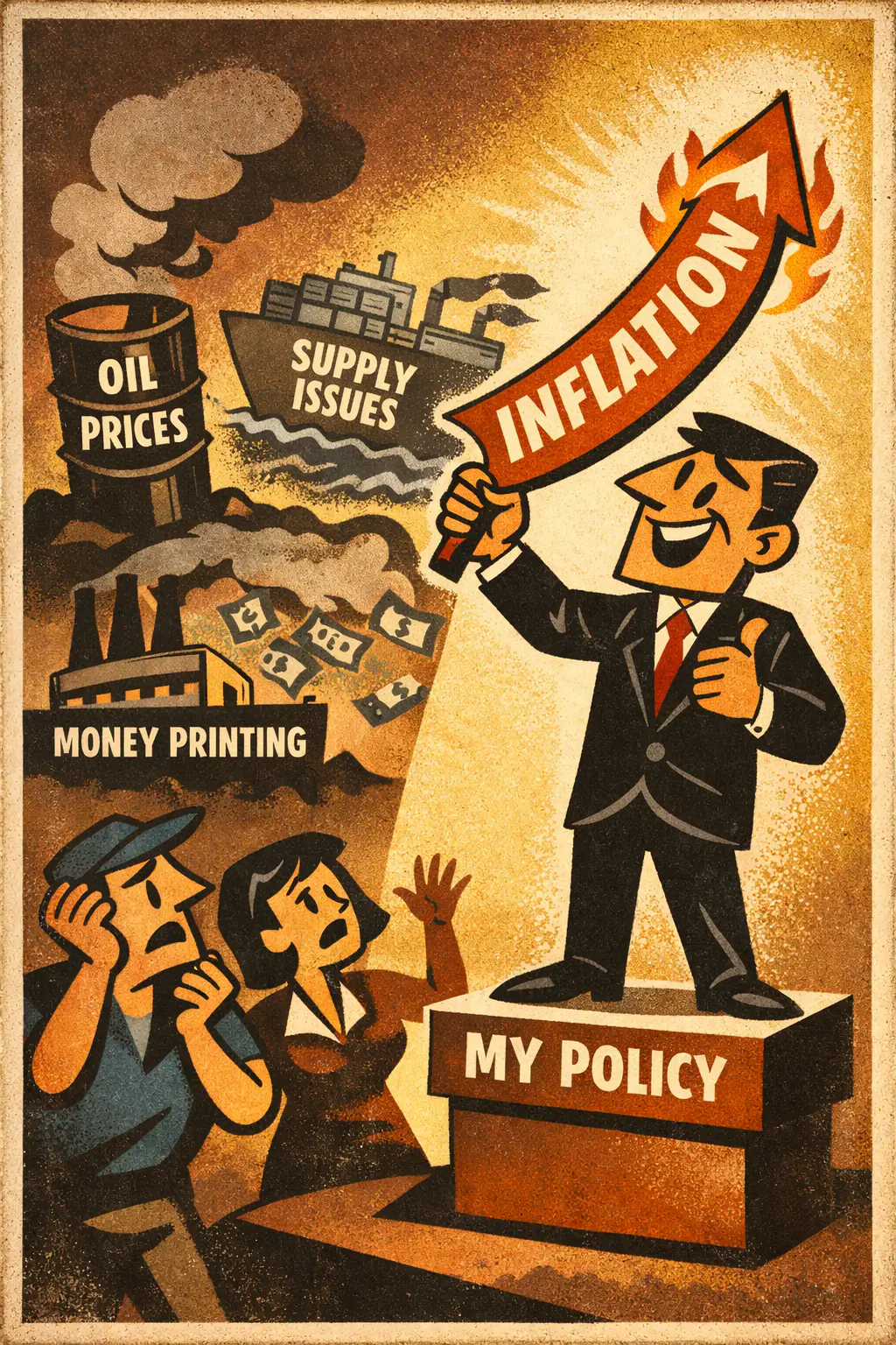 Single cause fallacy companion poster in a retro mid-century editorial cartoon style, illustrating occurs when a complex outcome is explained as if one cause alone did the work, while other relevant causes are ignored or illegitimately minimized.