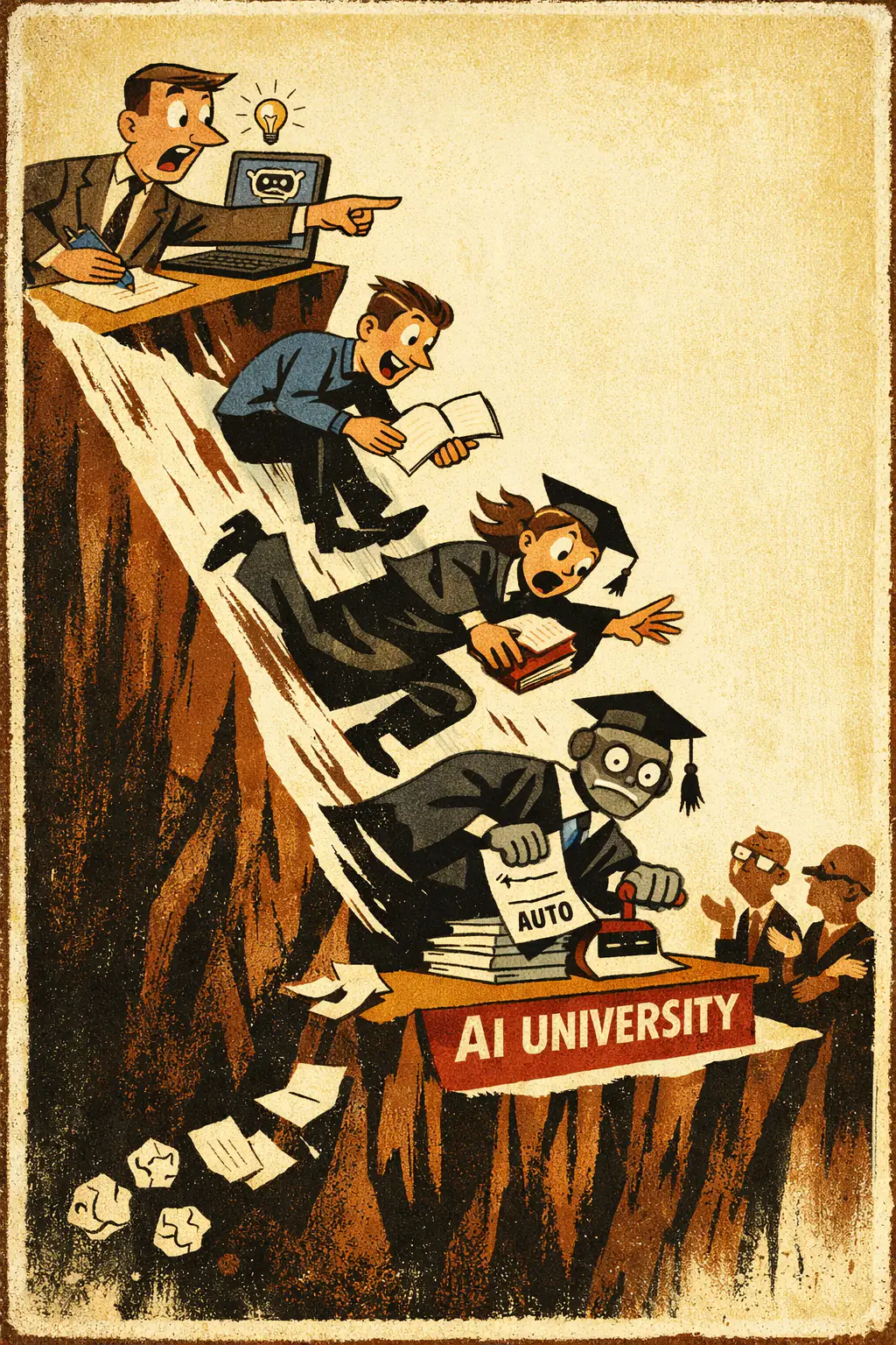 Slippery slope companion poster in a retro mid-century editorial cartoon style, illustrating occurs when someone claims that a relatively small first step will trigger a chain of worsening outcomes without showing why that chain is likely, stable, or hard to stop.