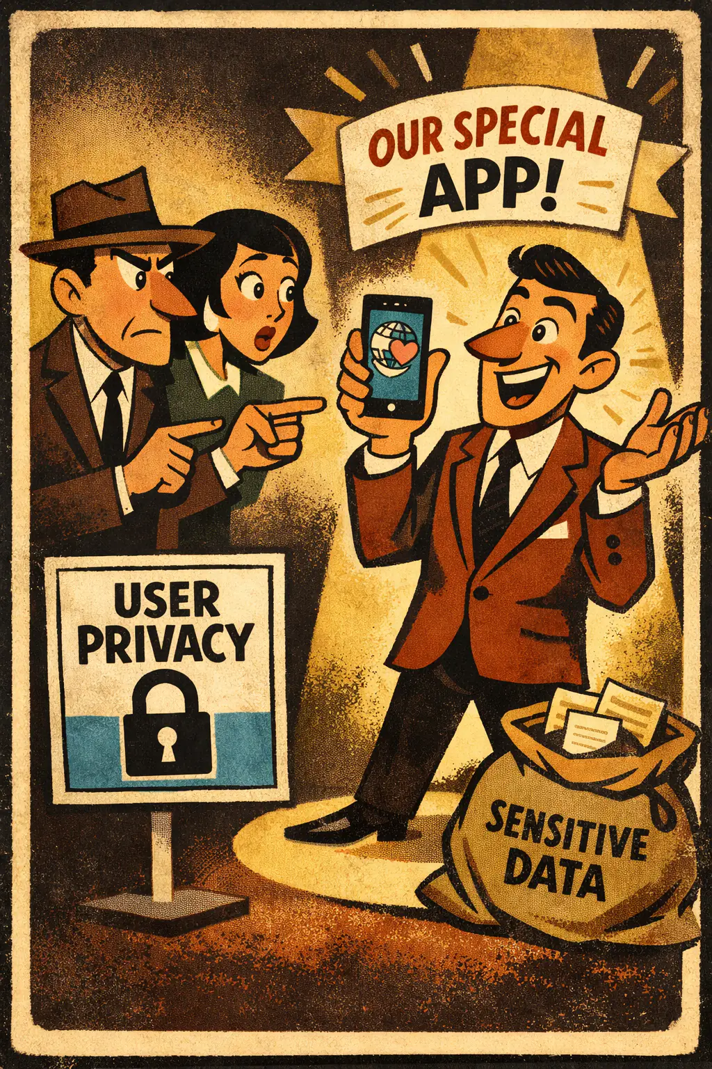 Special pleading companion poster in a retro mid-century editorial cartoon style, illustrating occurs when someone asks for an exception to a rule or standard but does not provide a relevant reason for why the favored case should be exempt.