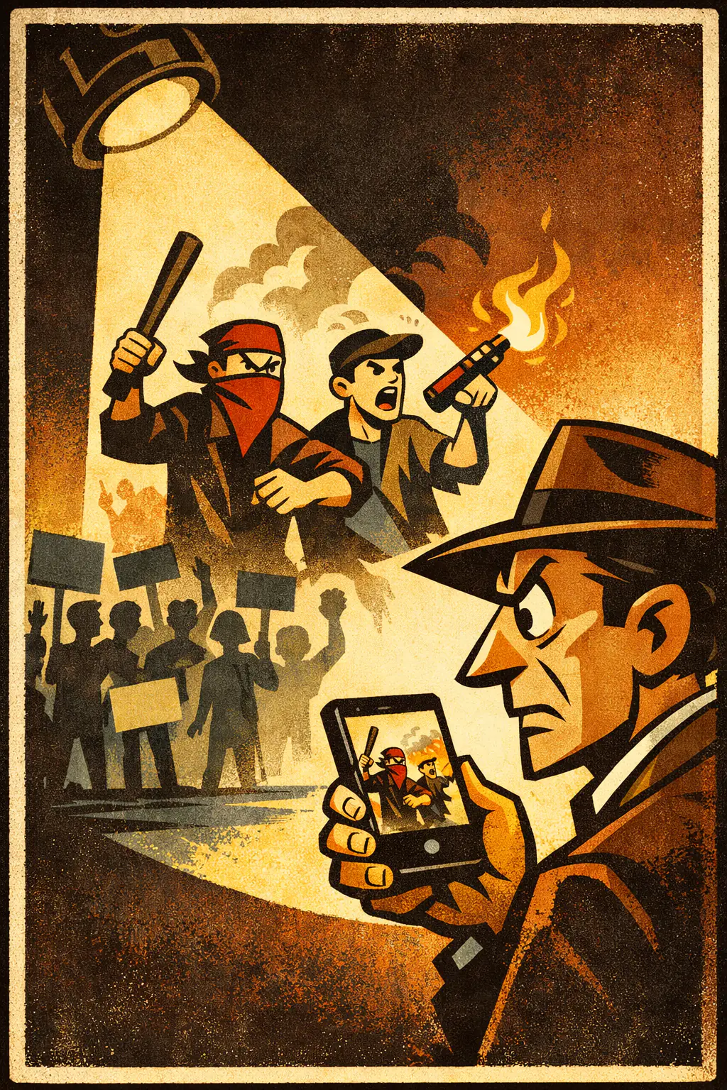 Spotlight fallacy companion poster in a retro mid-century editorial cartoon style, illustrating occurs when the most visible or most covered cases in a category are treated as if they represent the category as a whole.