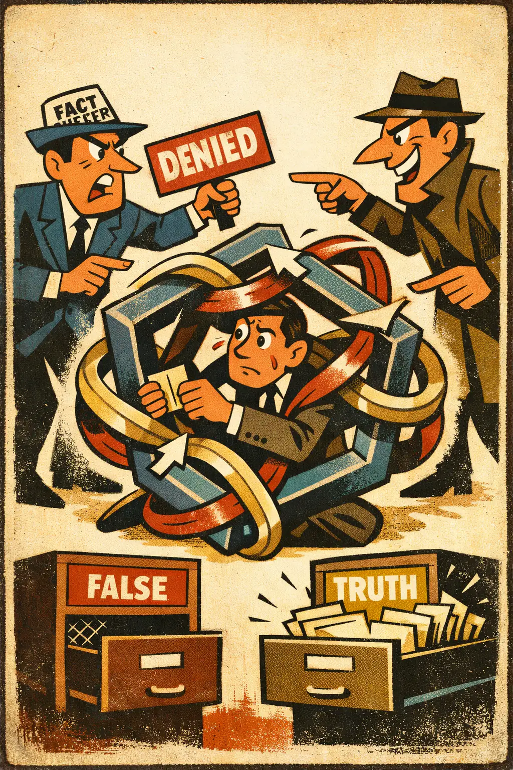 Square logic companion poster in a retro mid-century editorial cartoon style, illustrating occurs when an argument becomes so internally tangled that its pieces no longer form a coherent chain from premise to conclusion even though it sounds intricate.