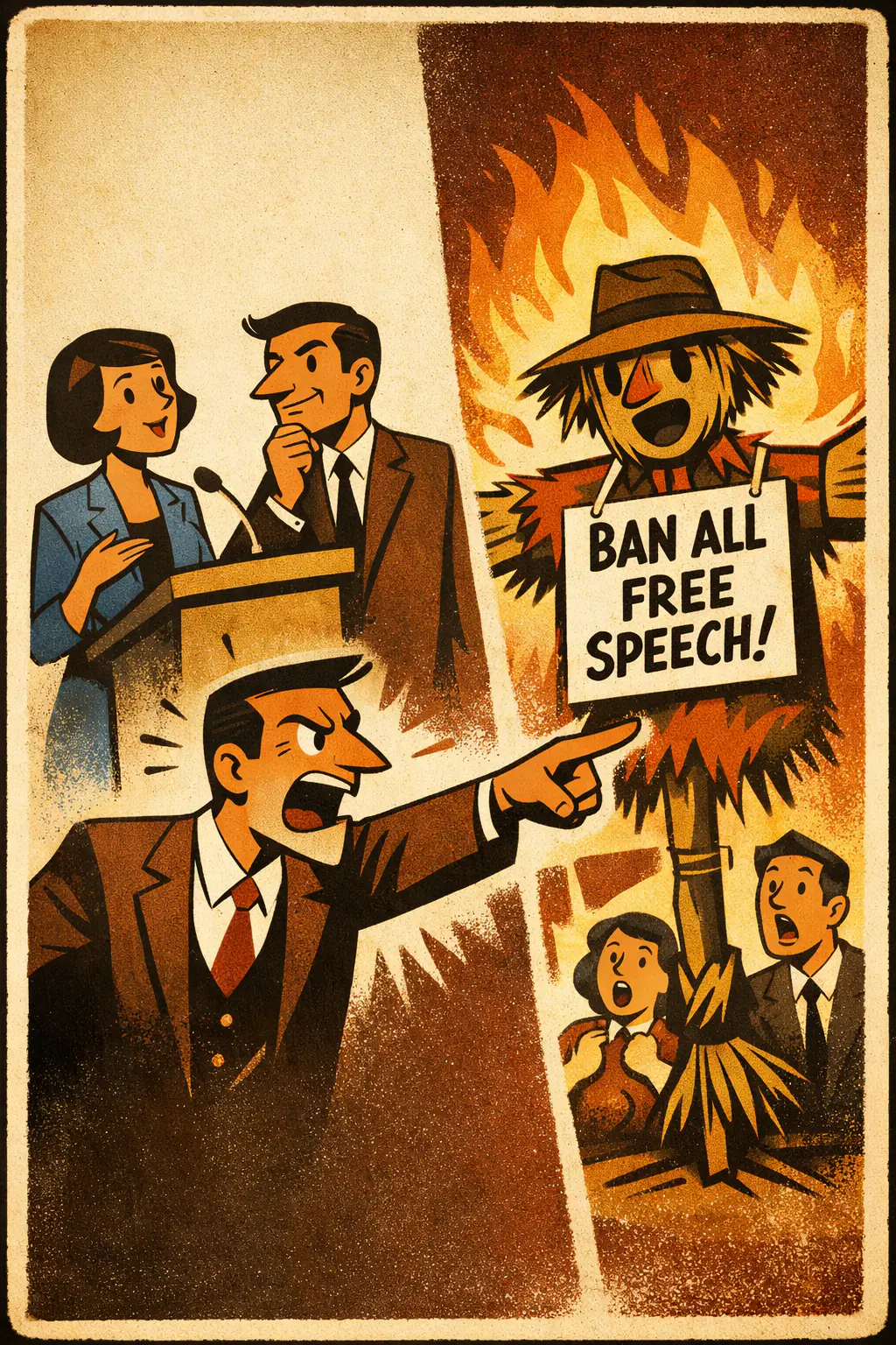 Straw man argument companion poster in a retro mid-century editorial cartoon style, illustrating occurs when someone replaces an opponent's actual position with a weaker, more extreme, or simplified version and then refutes that easier target.
