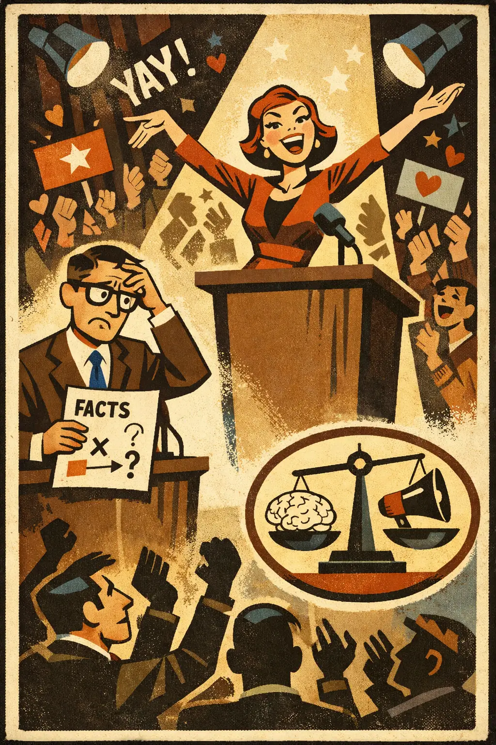 Style over substance fallacy companion poster in a retro mid-century editorial cartoon style, illustrating occurs when the polish, confidence, charisma, or dramatic force of a presentation is treated as if it established the quality of the argument itself.