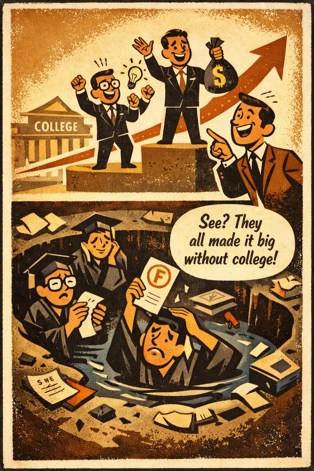 Survivorship bias companion poster in a retro mid-century editorial cartoon style, illustrating occurs when conclusions are drawn from the visible successes that made it through a filter while the failures, dropouts, or non-survivors are ignored.