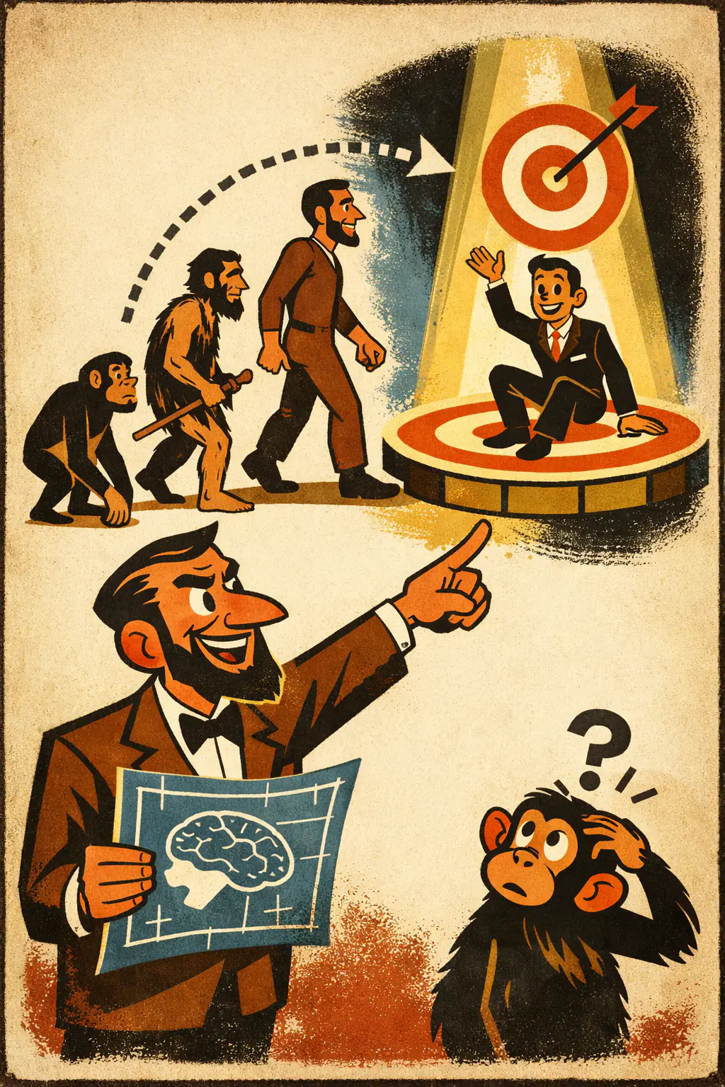 Teleological fallacy companion poster in a retro mid-century editorial cartoon style, illustrating occurs when a purpose, goal, or final destination is attributed to something without adequate evidence that such an end point was built into it.
