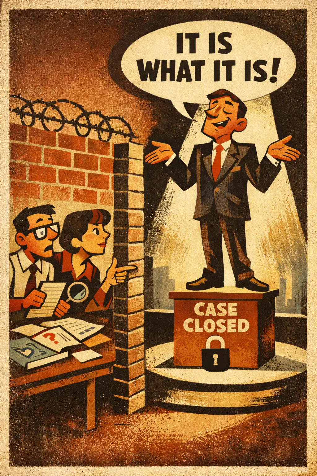 Thought-terminating cliché companion poster in a retro mid-century editorial cartoon style, illustrating occurs when a familiar slogan or stock phrase is used to stop inquiry, deflect scrutiny, or create the feeling that an issue has already been settled.