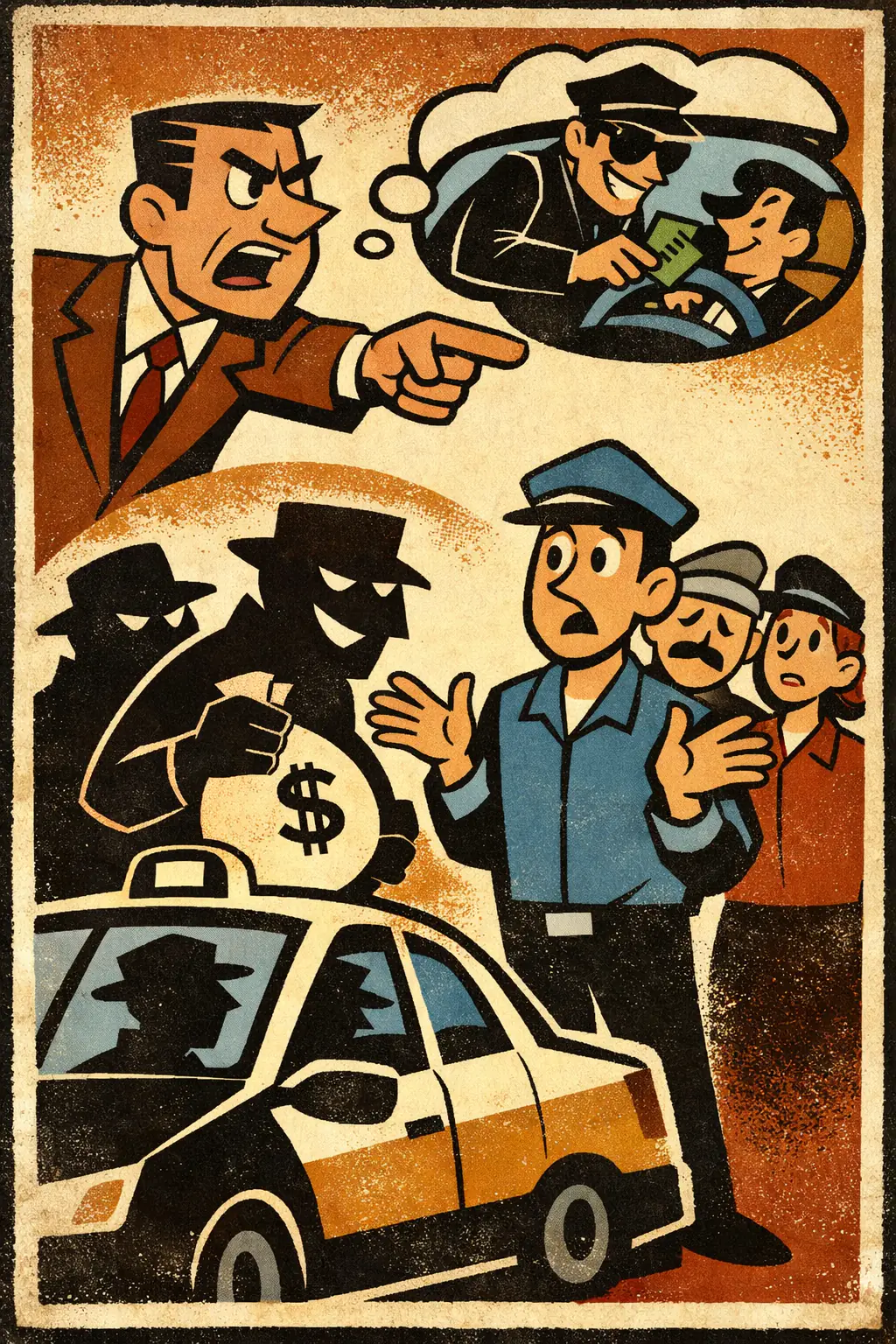 Top-down condemnation companion poster in a retro mid-century editorial cartoon style, illustrating occurs when a negative trait found in one member of a group is used to condemn the group as a whole.