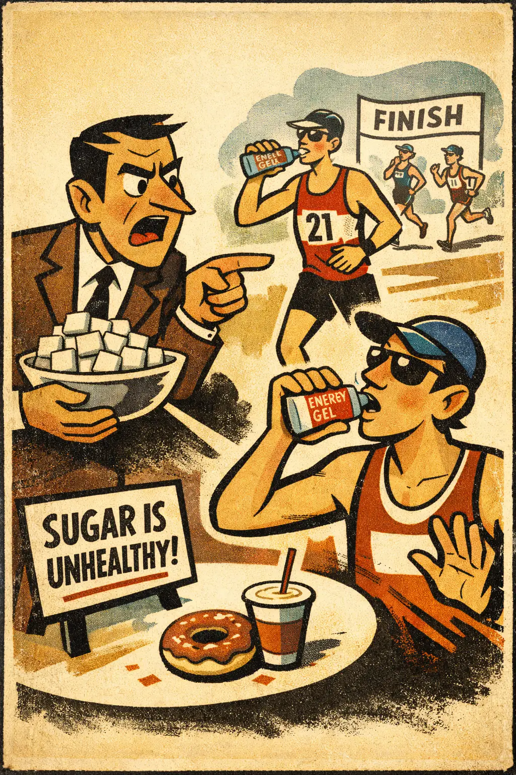 Top-down faulty generalization companion poster in a retro mid-century editorial cartoon style, illustrating occurs when a reasonable generalization is attacked by demanding that it hold without relevant scope conditions or exceptions.