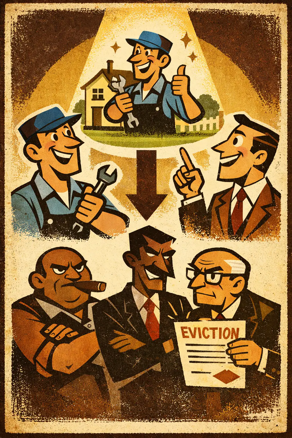 Top-down justification companion poster in a retro mid-century editorial cartoon style, illustrating occurs when a positive trait found in one member of a group is used to justify a positive conclusion about the group as a whole.