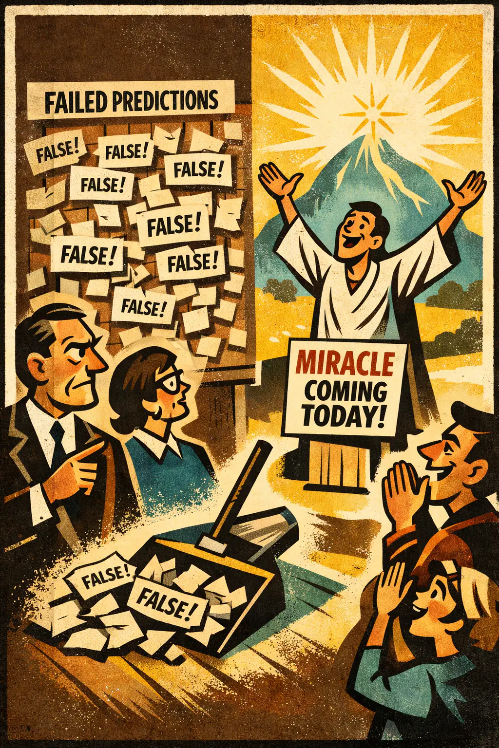 Track-record reset companion poster in a retro mid-century editorial cartoon style, illustrating occurs when each new claim is treated as if the relevant history of prior failures, hoaxes, or false alarms did not exist and should confer no default expectation at all.