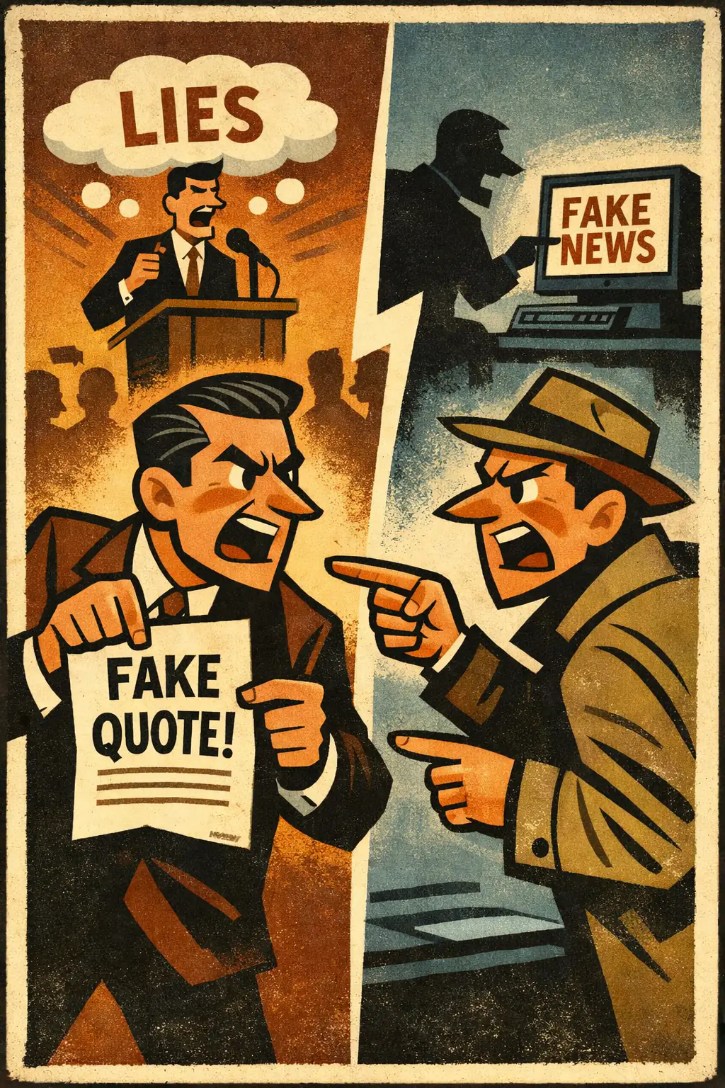 Tu quoque companion poster in a retro mid-century editorial cartoon style, illustrating occurs when criticism is answered not by engaging the issue, but by pointing to similar hypocrisy or wrongdoing elsewhere.