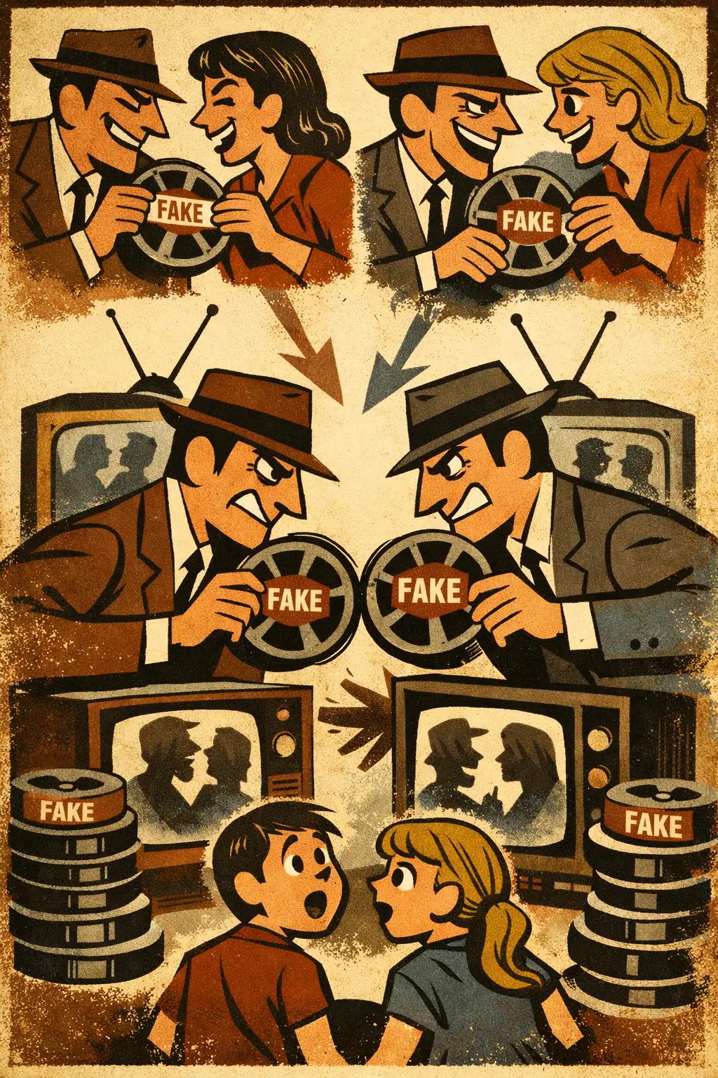 Two wrongs make a right companion poster in a retro mid-century editorial cartoon style, illustrating occurs when someone treats one wrong act as justified because it responds to, retaliates against, or balances out another wrong.