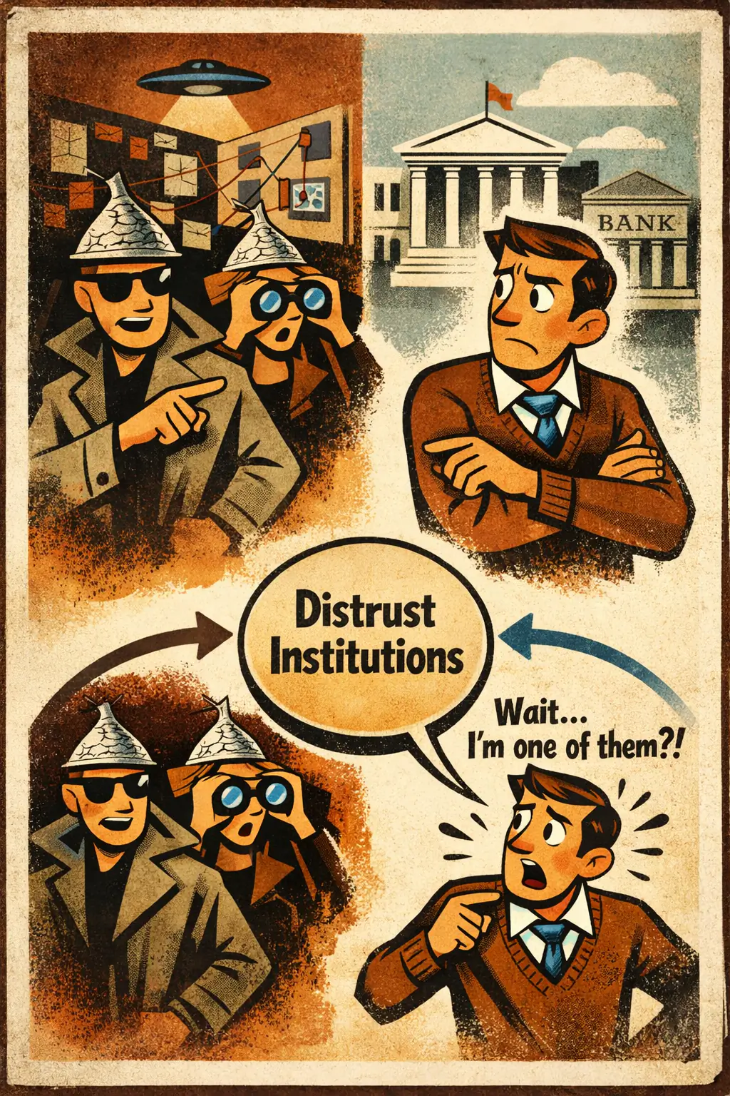 Undistributed middle companion poster in a retro mid-century editorial cartoon style, illustrating occurs when two things are linked to the same broader category and the argument wrongly infers that one of them must therefore be the other.