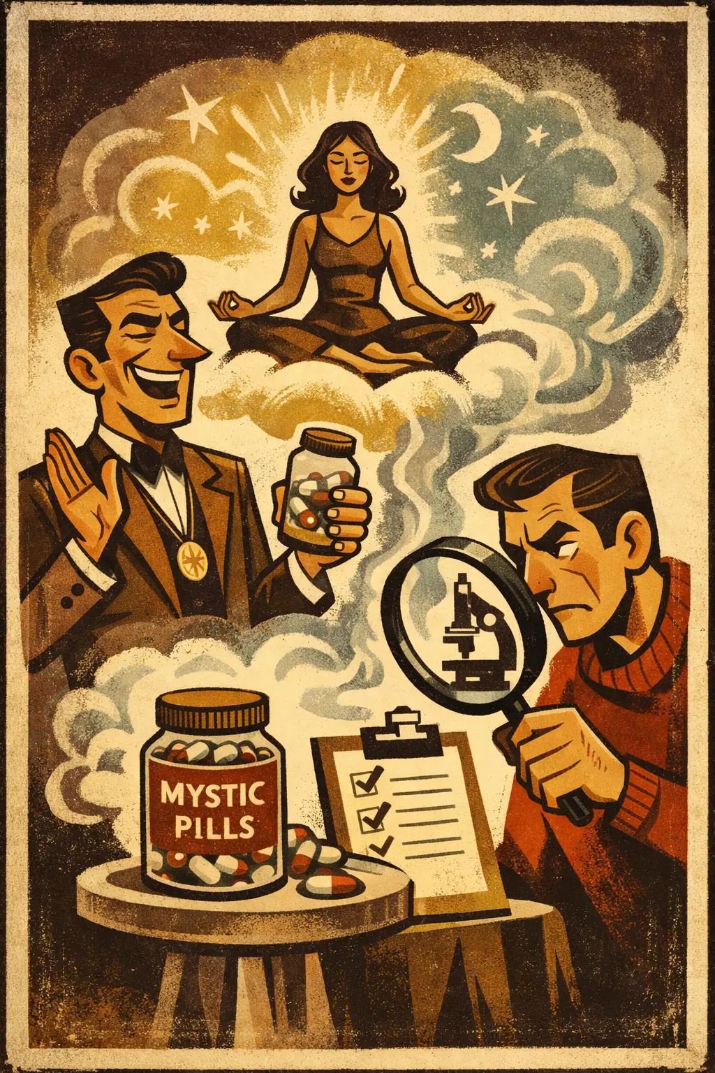Vague insulators companion poster in a retro mid-century editorial cartoon style, illustrating occurs when vague, elastic, or undefined terms are chosen so that a position sounds meaningful while resisting clear testing or criticism.