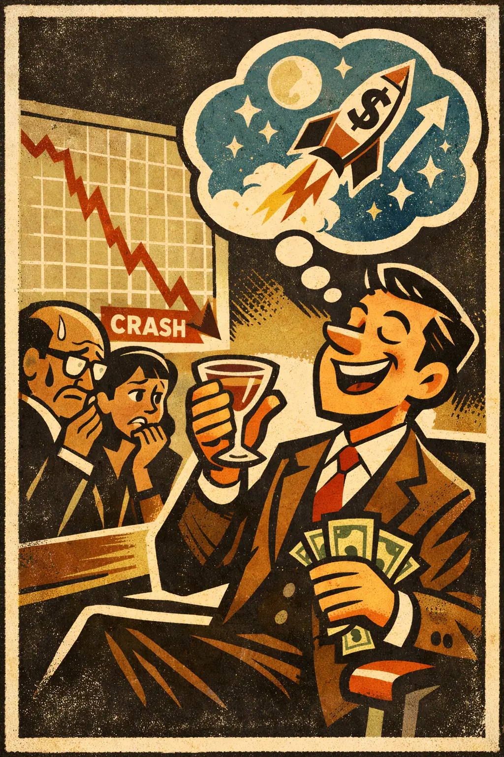 Wishful thinking companion poster in a retro mid-century editorial cartoon style, illustrating occurs when a belief or decision is driven mainly by what would be pleasing, hopeful, or comforting if true rather than by what the evidence supports.