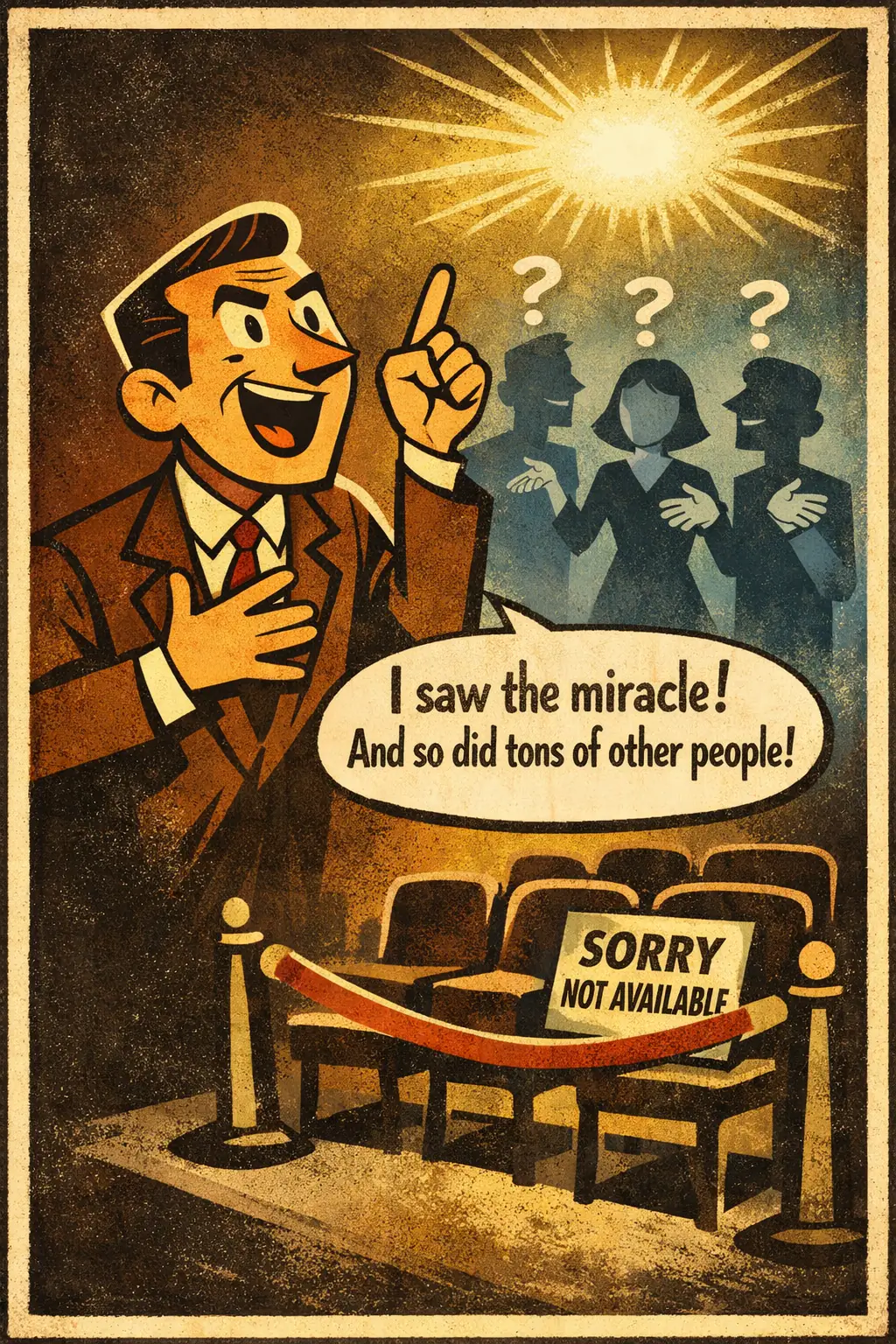 Witness chain companion poster in a retro mid-century editorial cartoon style, illustrating occurs when testimony is padded by unverifiable references to other alleged witnesses, creating the illusion of corroboration without actually providing independent support.