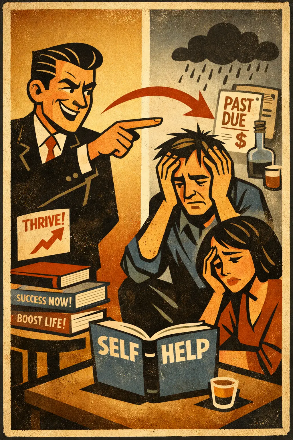 Wrong causal direction companion poster in a retro mid-century editorial cartoon style, illustrating occurs when a real association is noticed but the direction of causation is reversed.